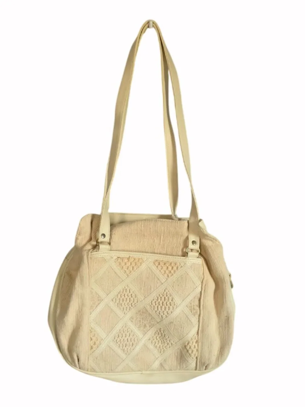 Vintage Bohemian fabric shoulder bag featuring a distinctive quilted front